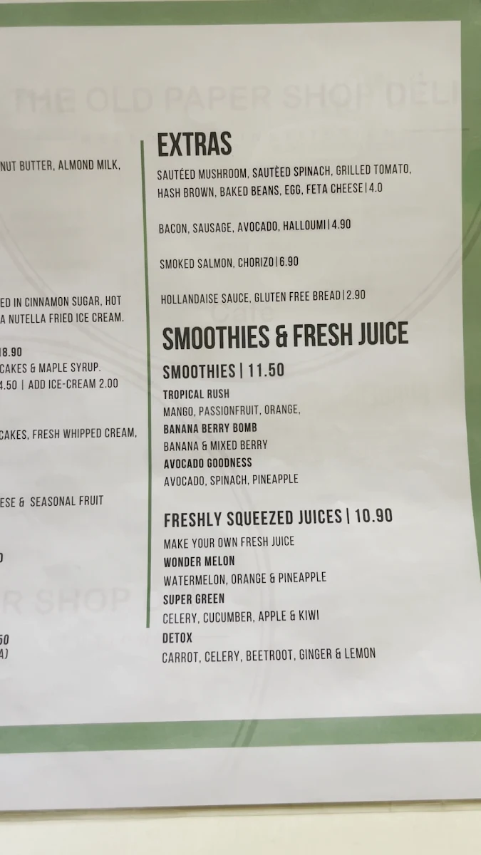 Menu, The Old Paper Shop Deli