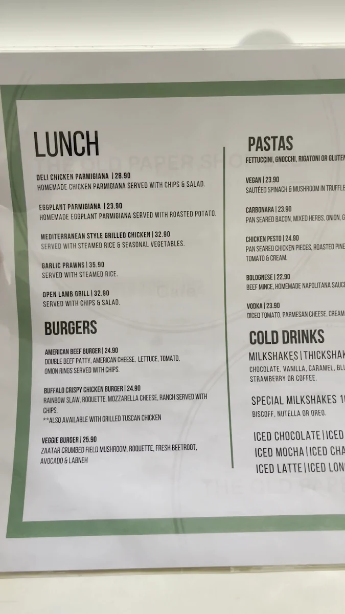 Menu, The Old Paper Shop Deli