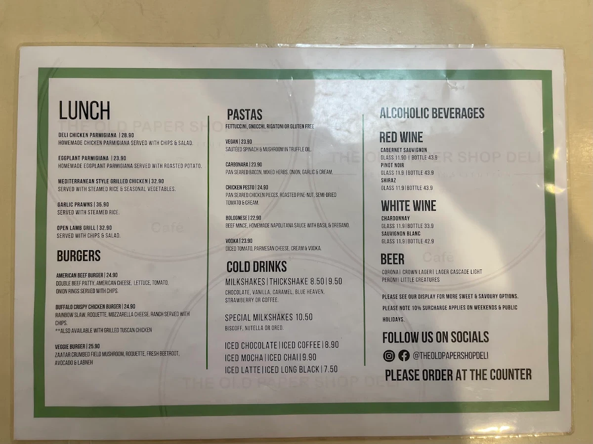 Menu, The Old Paper Shop Deli