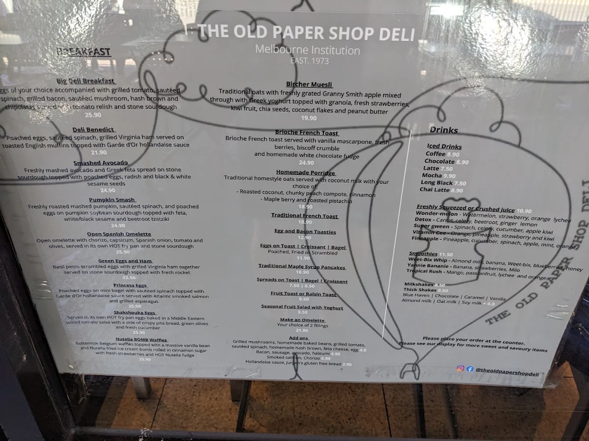 Menu, The Old Paper Shop Deli