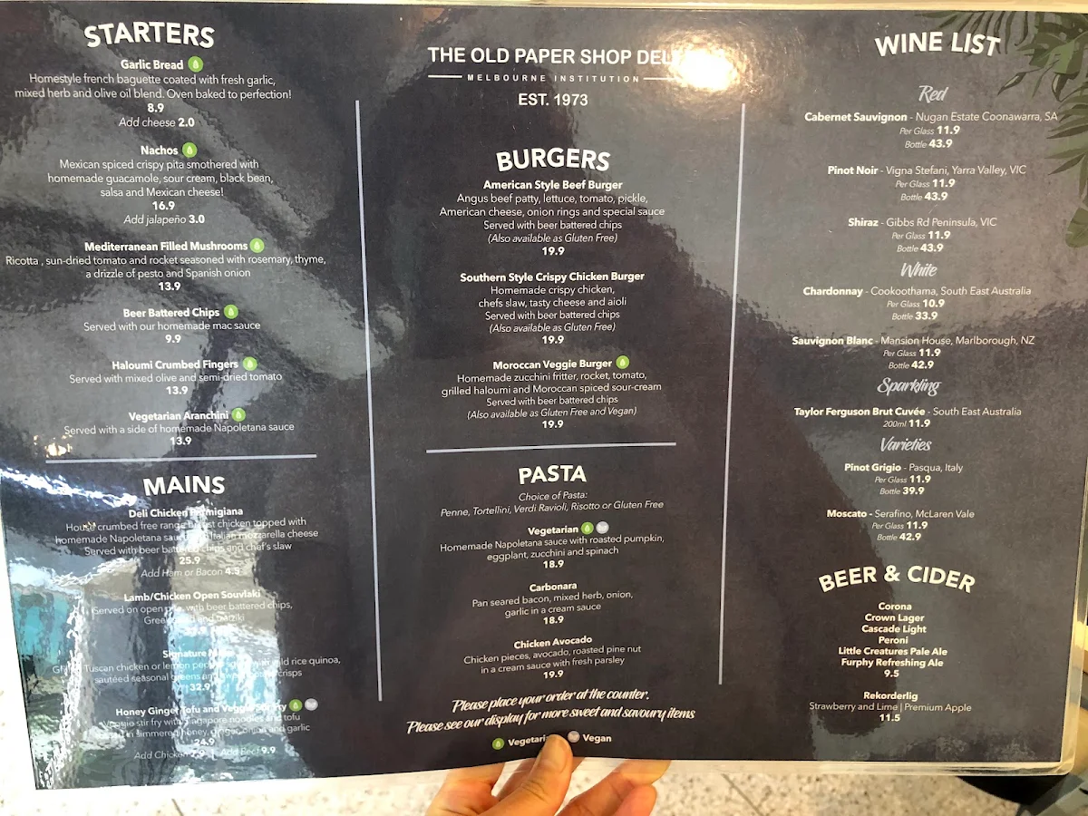 Menu, The Old Paper Shop Deli