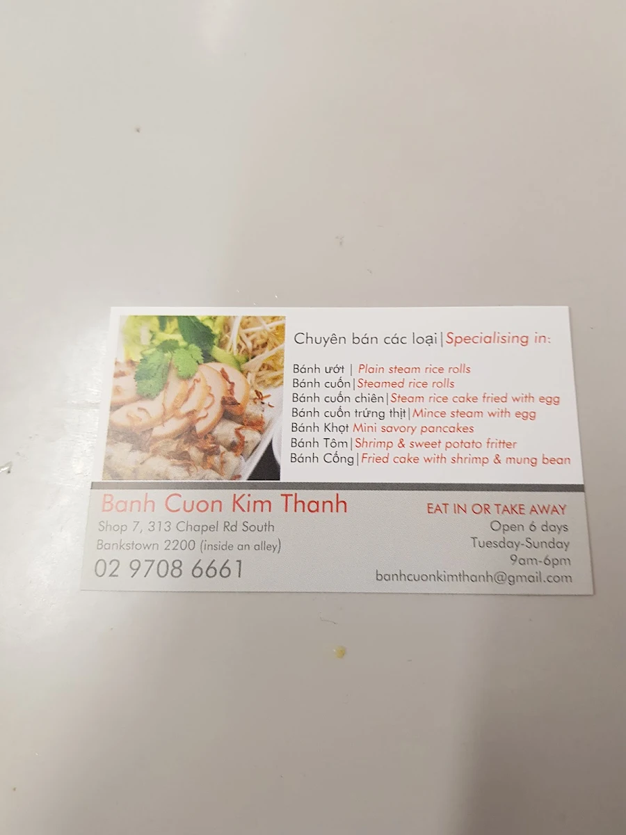 Menu, Banh Cuon Kim Thanh Bankstown