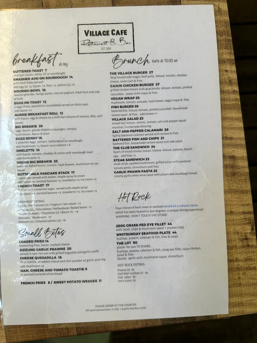 Menu, Village Cafe Restaurant & Bar