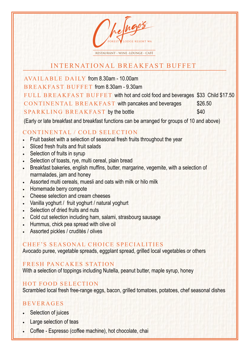 Menu, Chefingo's Restaurant & Wine Lounge