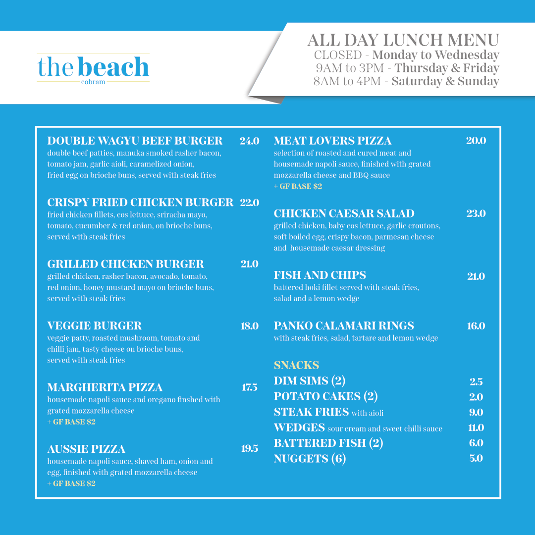 Menu, Max's on the Beach
