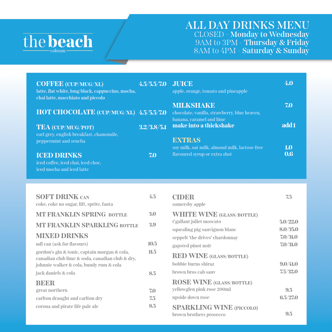 Menu, Max's on the Beach