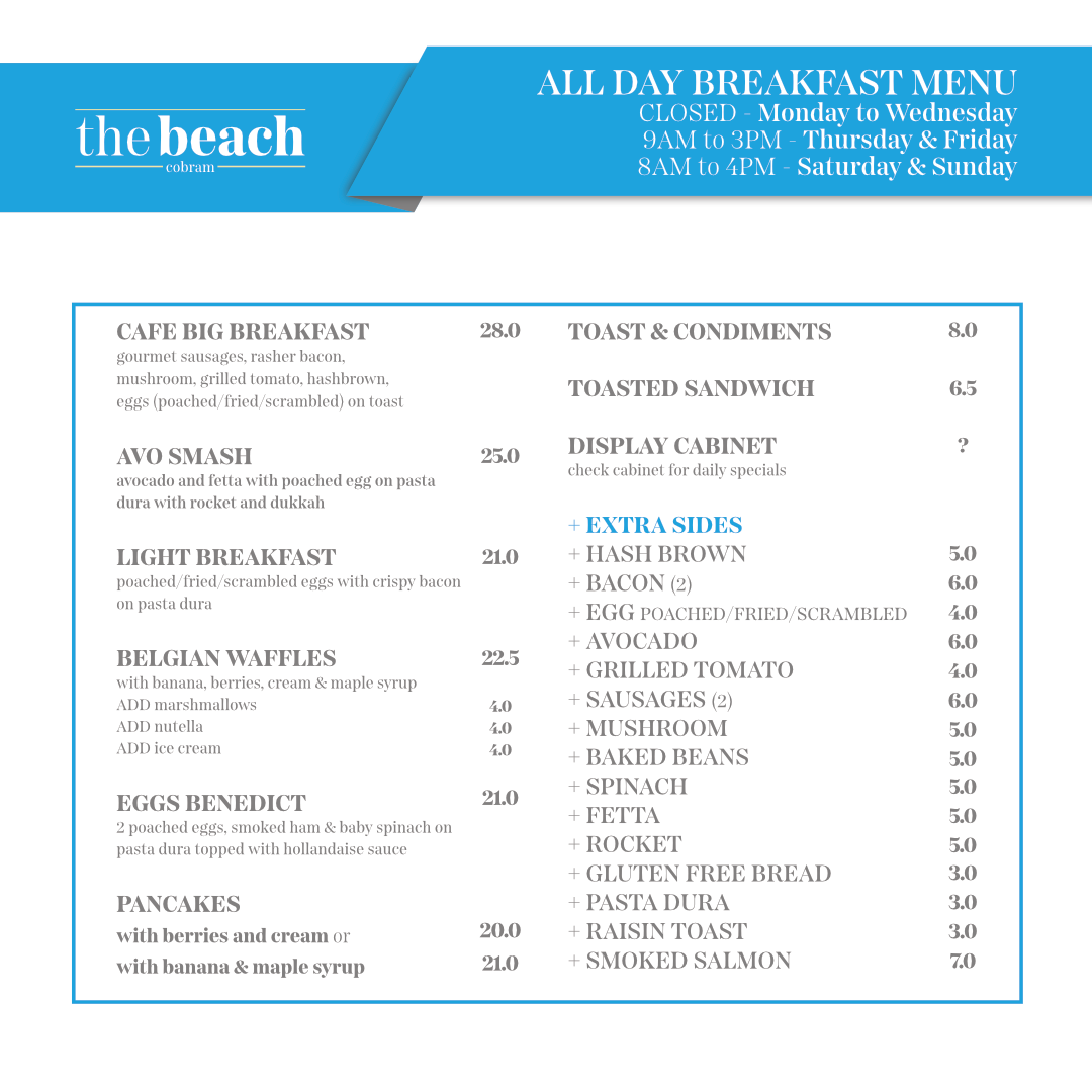 Menu, Max's on the Beach