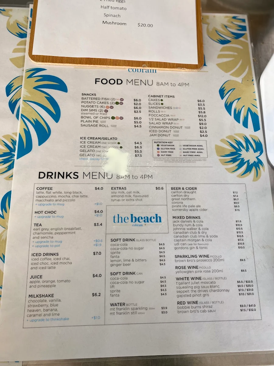 Menu, Max's on the Beach