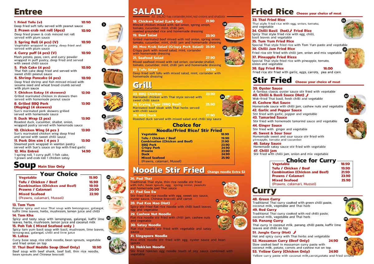 Menu, Sun Thai Take away