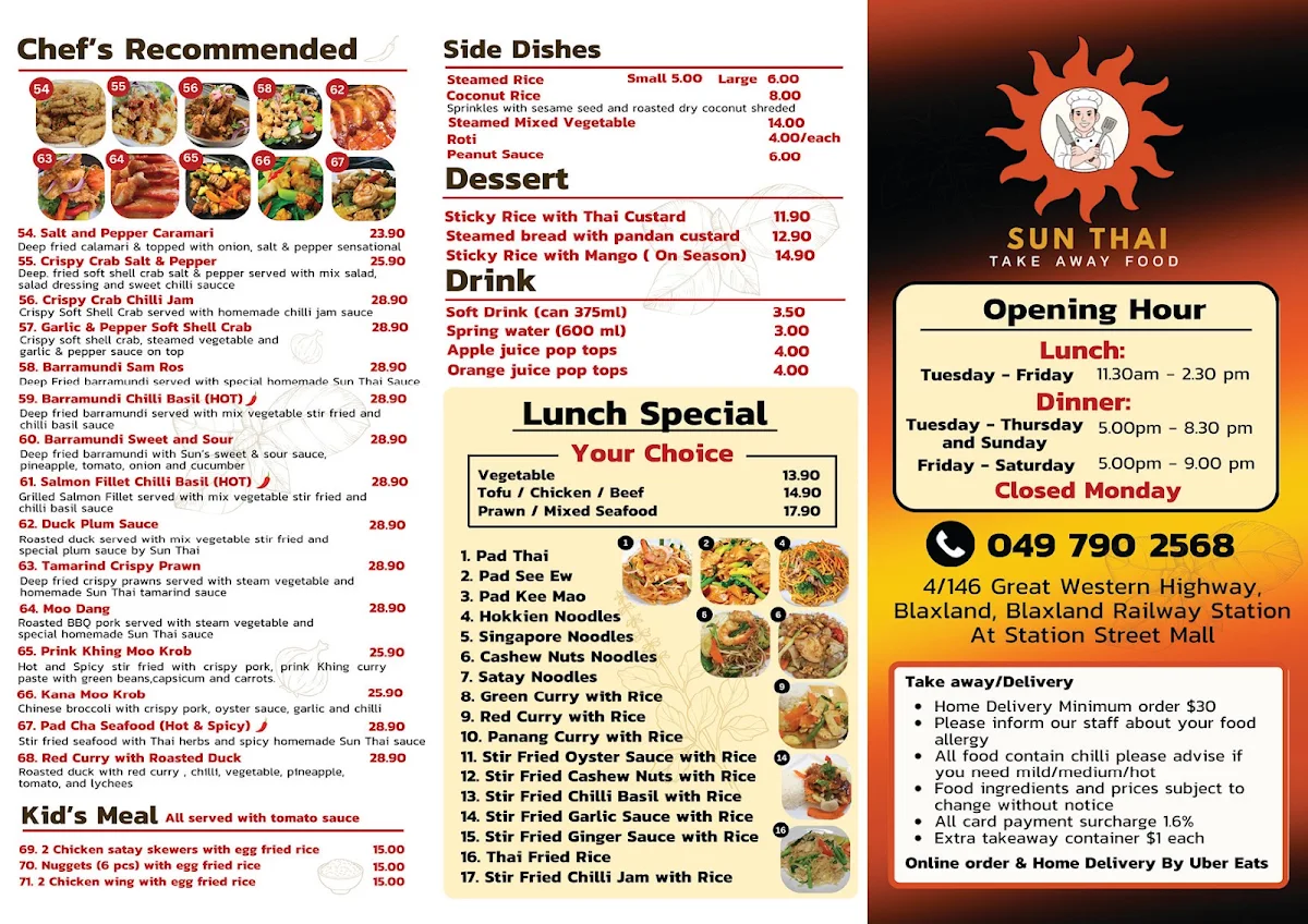 Menu, Sun Thai Take away