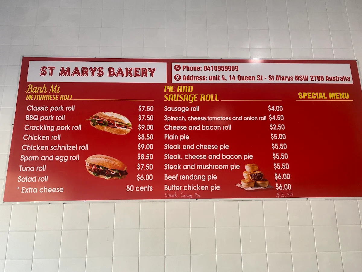 Menu, St Marys Bakery