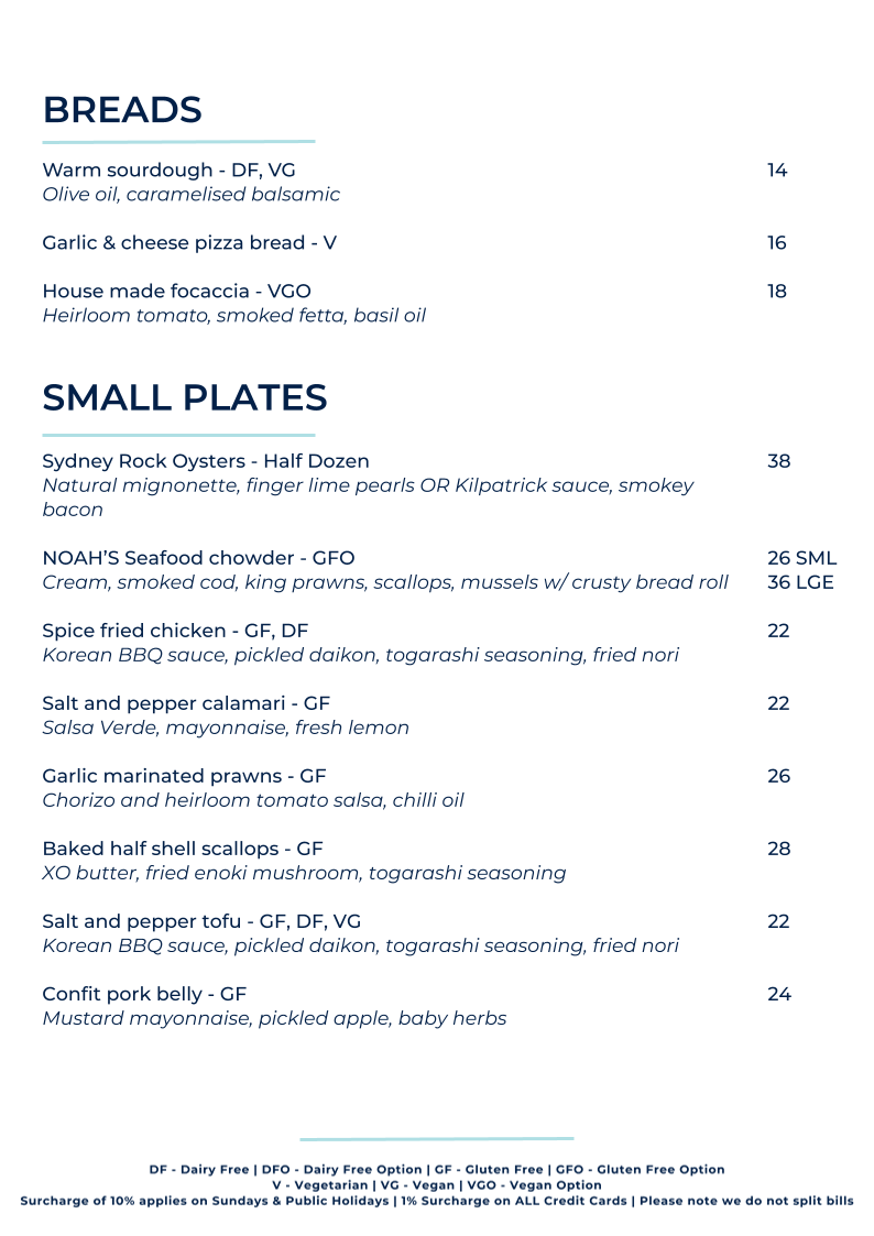 Menu, Restaurant @ NOAH'S on the beach