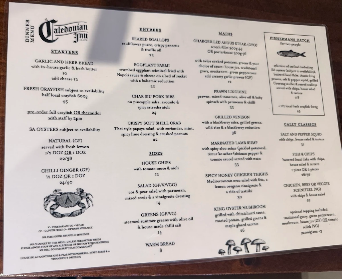 Menu, Caledonian Inn