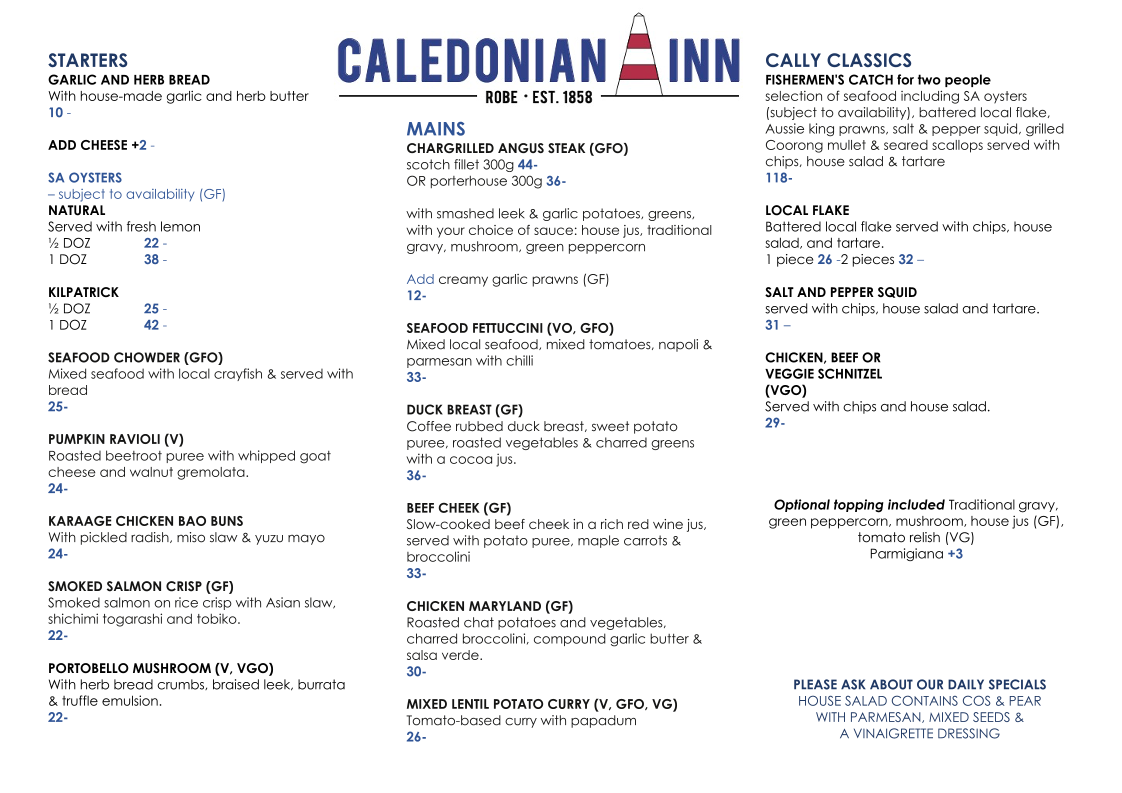 Menu, Caledonian Inn