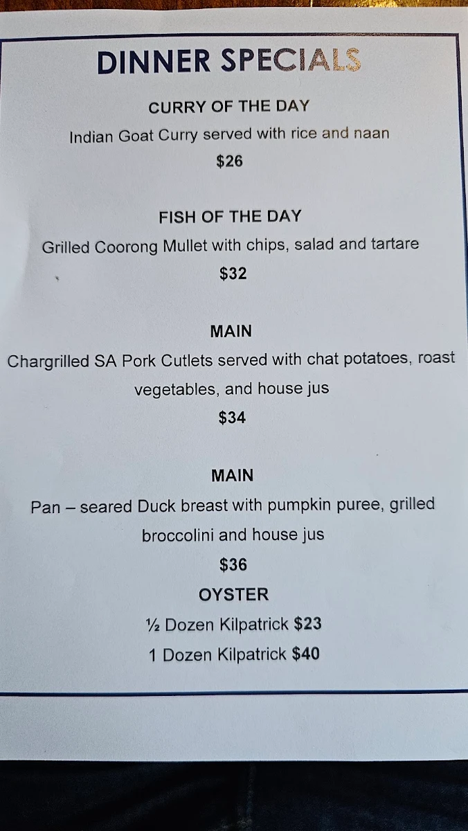 Menu, Caledonian Inn