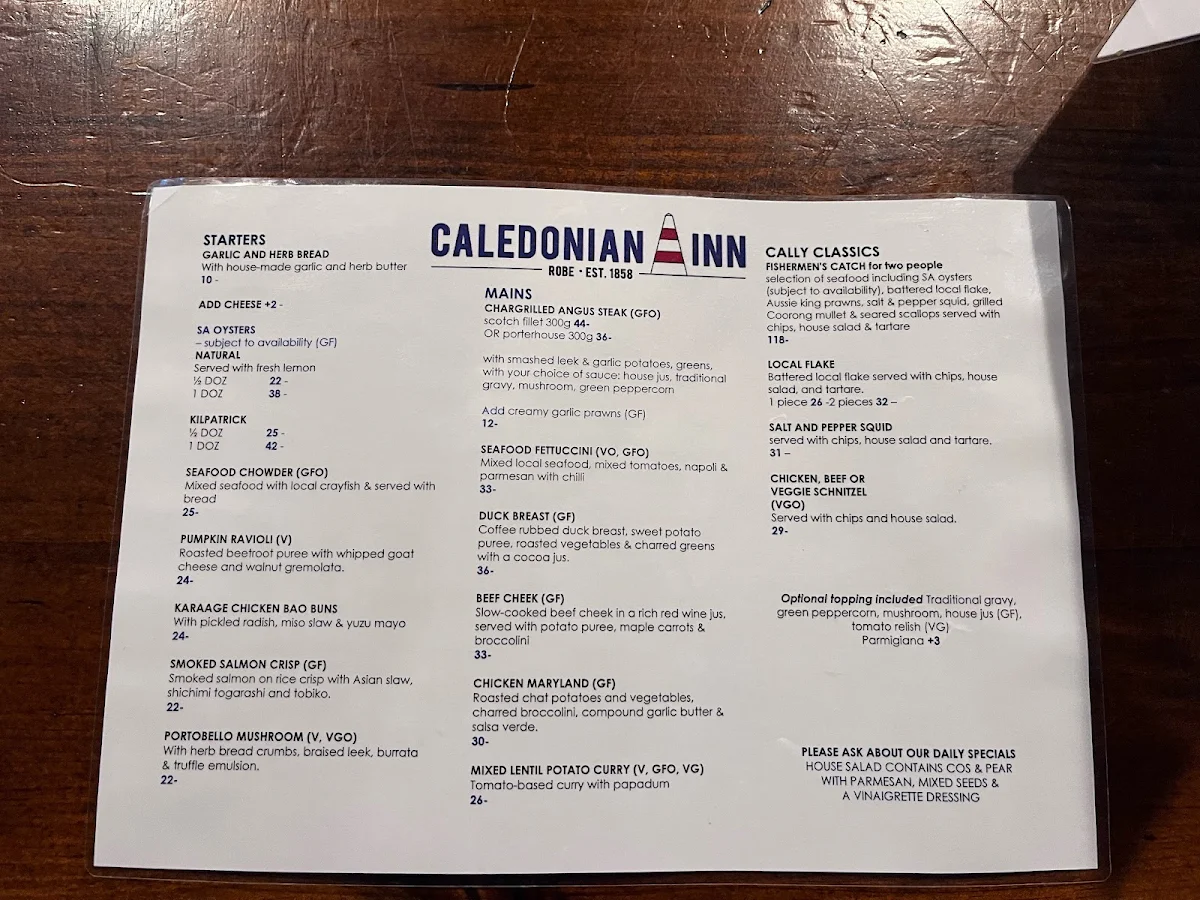 Menu, Caledonian Inn