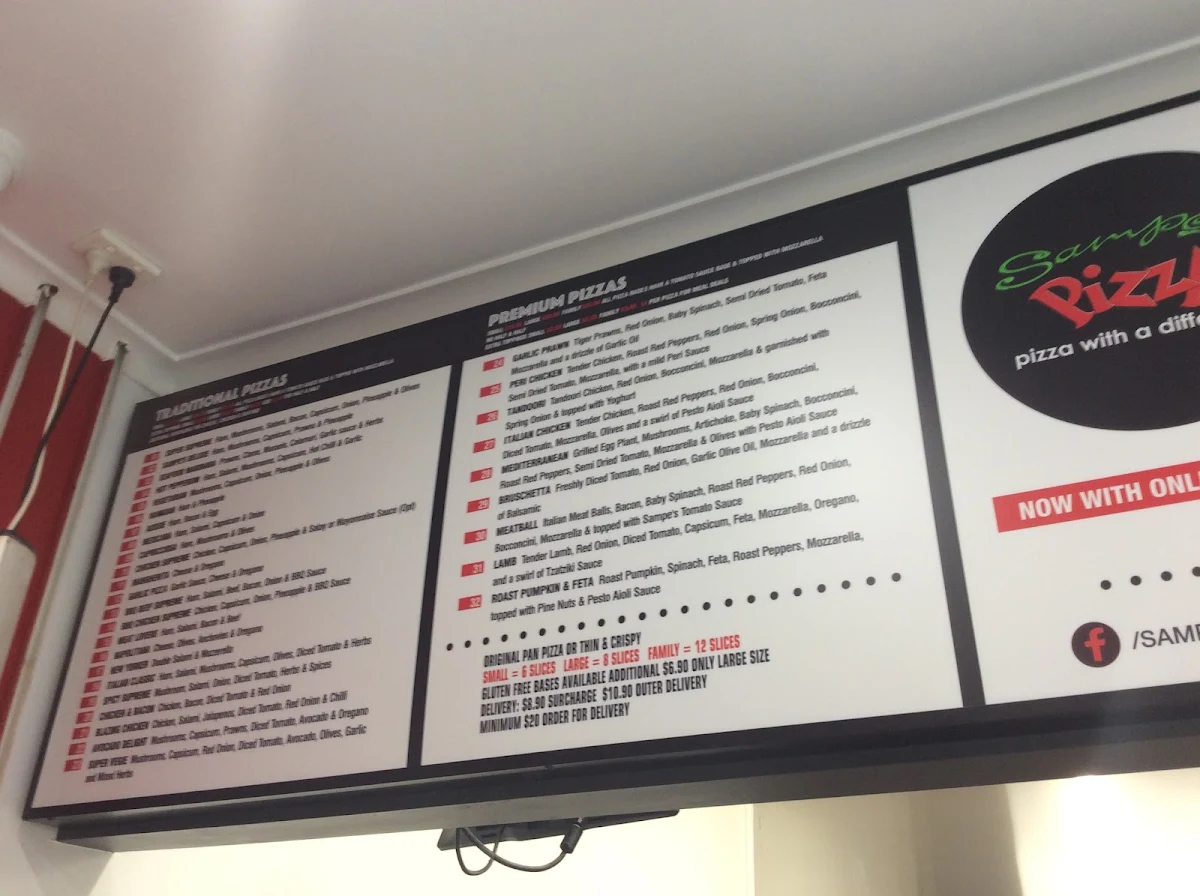 Menu, Sampe's Pizza Mooroolbark