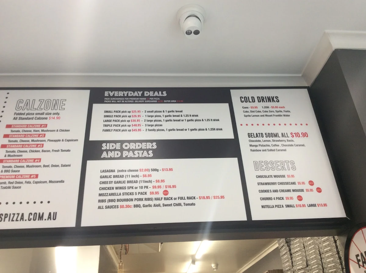 Menu, Sampe's Pizza Mooroolbark