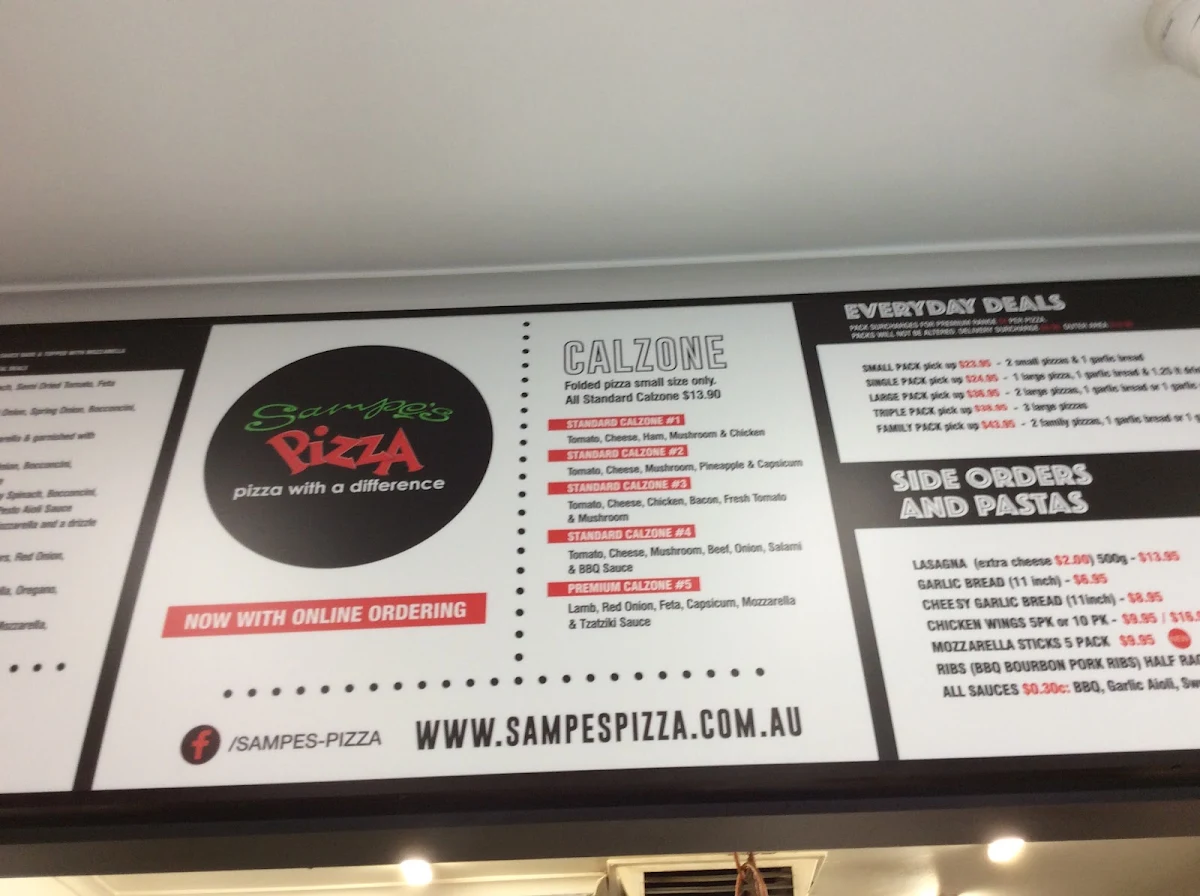 Menu, Sampe's Pizza Mooroolbark