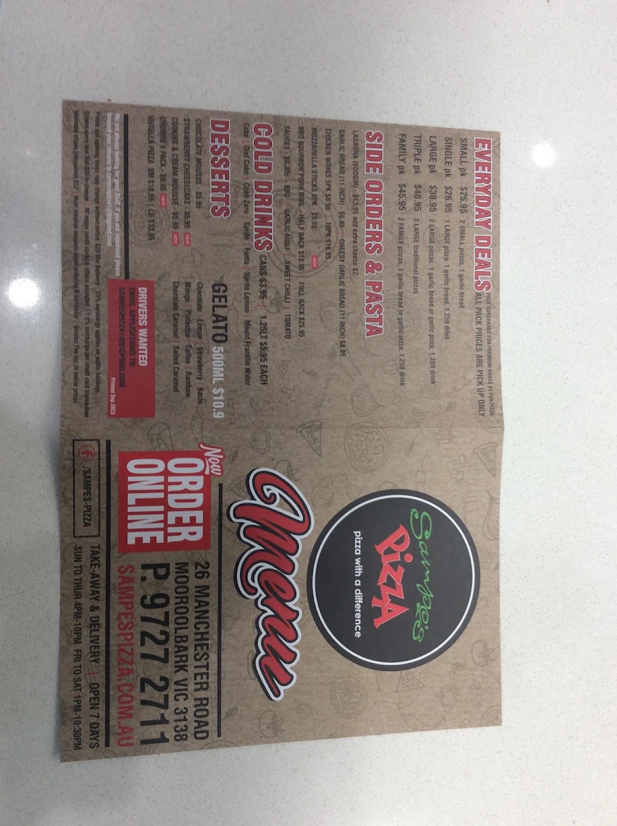 Menu, Sampe's Pizza Mooroolbark