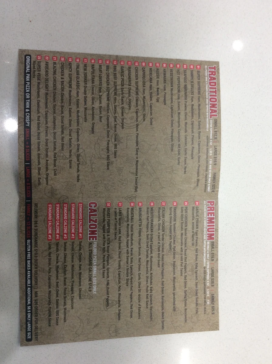 Menu, Sampe's Pizza Mooroolbark