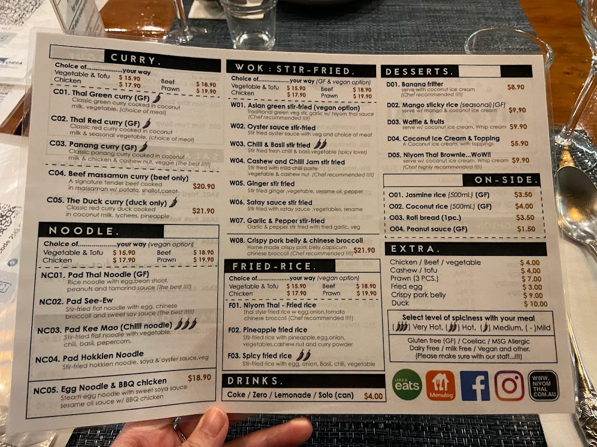 Menu, Niyom Thai Restaurant - Creative Thai Cuisine in Brighton East