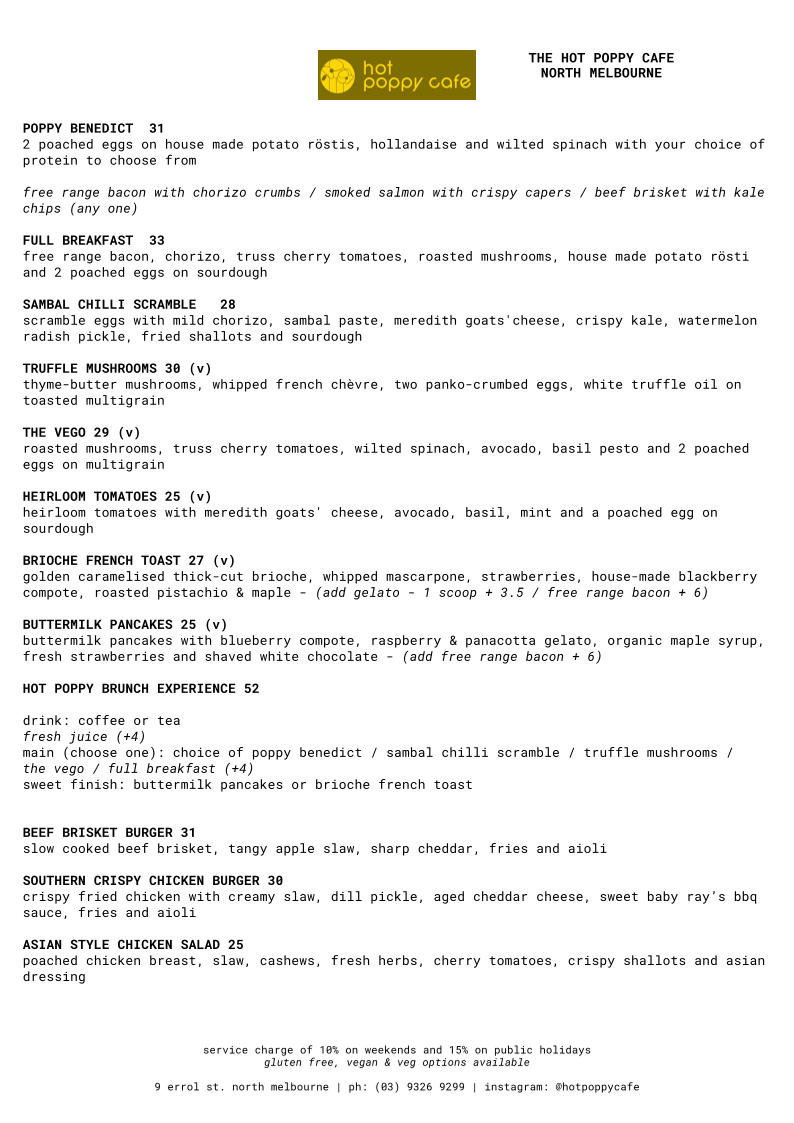 Menu, Hot Poppy Cafe North Melbourne