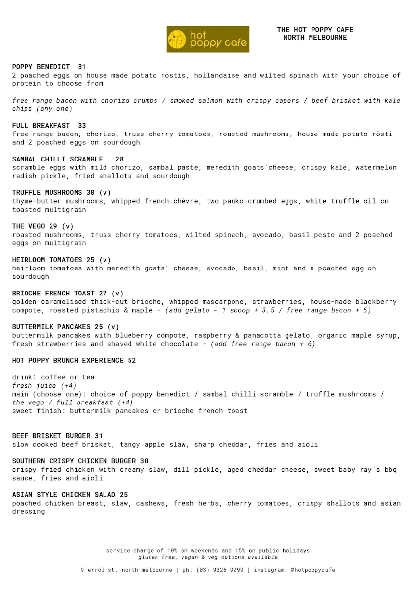 Menu, Hot Poppy Cafe North Melbourne