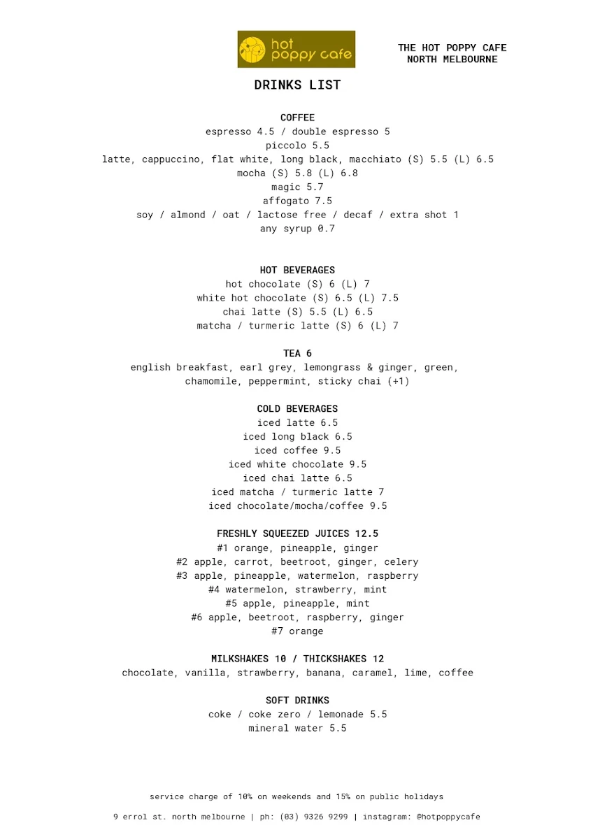 Menu, Hot Poppy Cafe North Melbourne