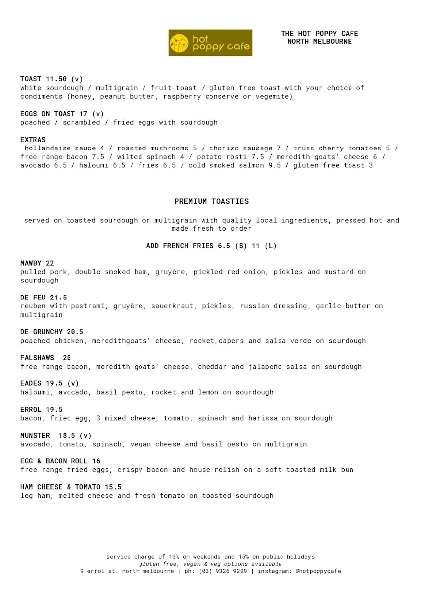 Menu, Hot Poppy Cafe North Melbourne