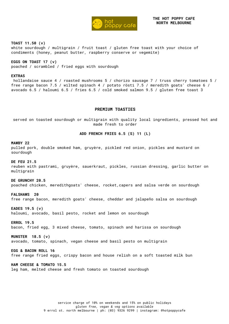 Menu, Hot Poppy Cafe North Melbourne