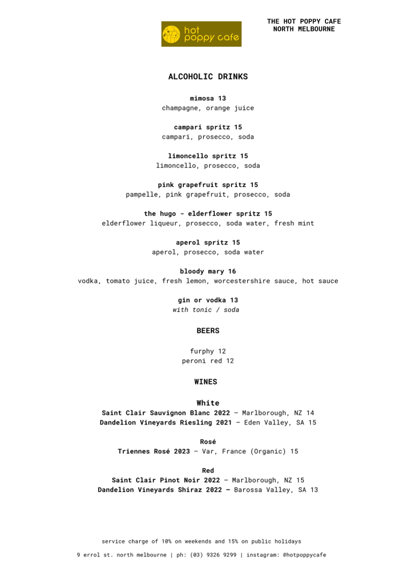 Menu, Hot Poppy Cafe North Melbourne