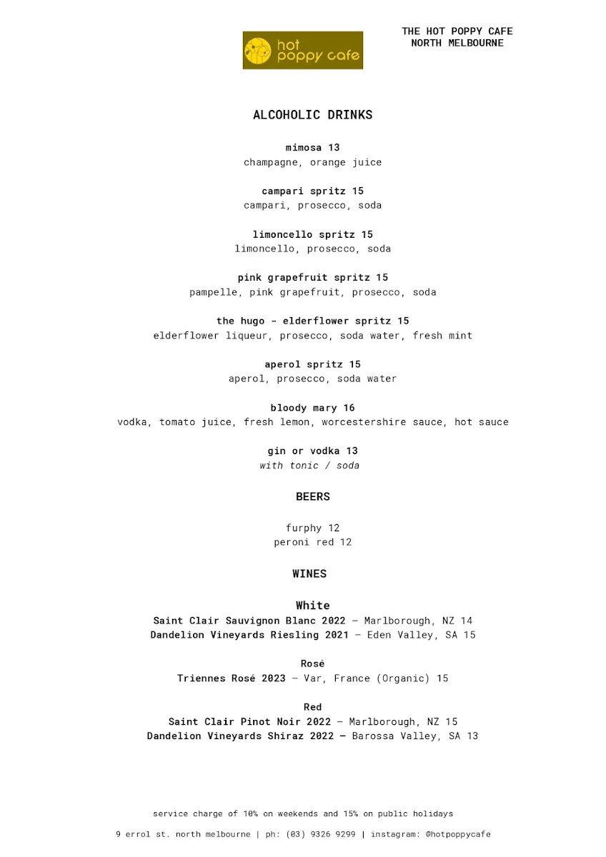 Menu, Hot Poppy Cafe North Melbourne