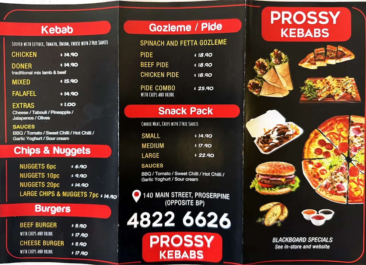 Menu, Prossy Kebabs & Pizza