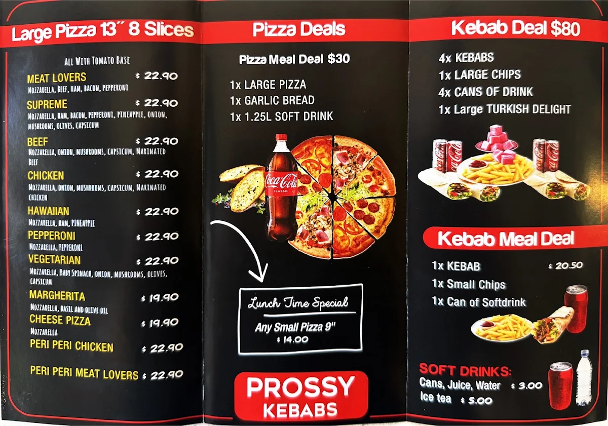 Menu, Prossy Kebabs & Pizza