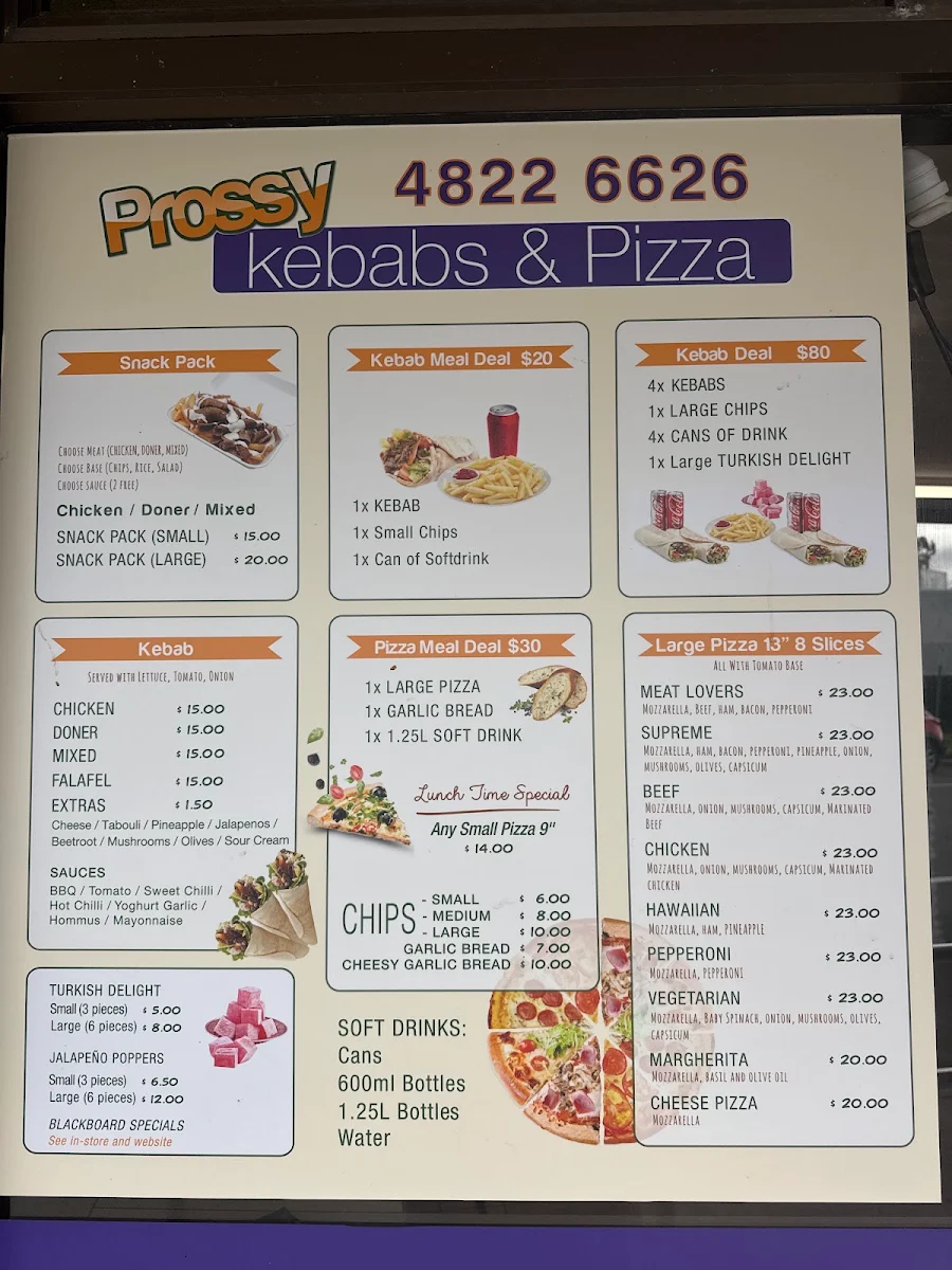 Menu, Prossy Kebabs & Pizza
