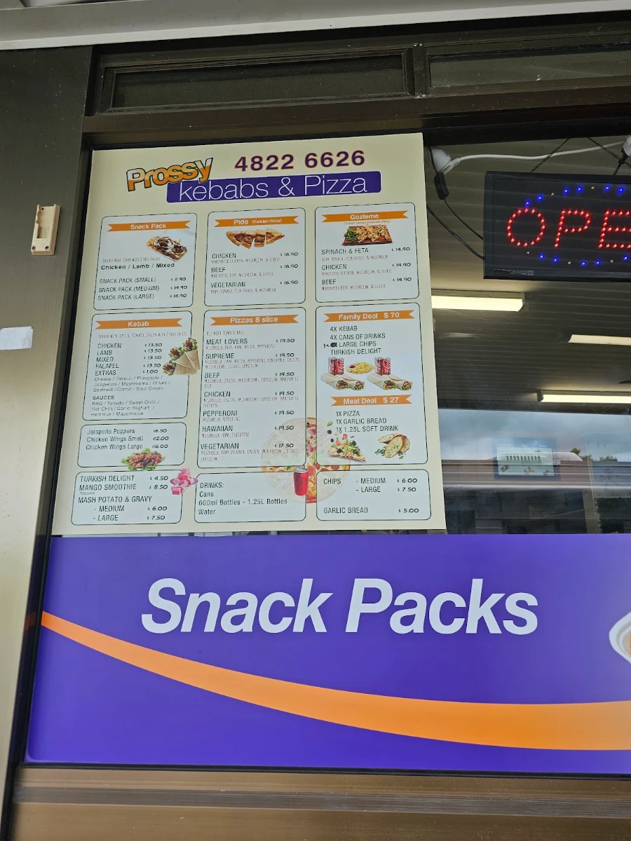 Menu, Prossy Kebabs & Pizza