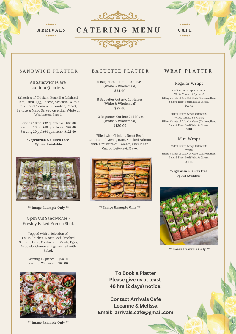 Menu, Arrivals Cafe
