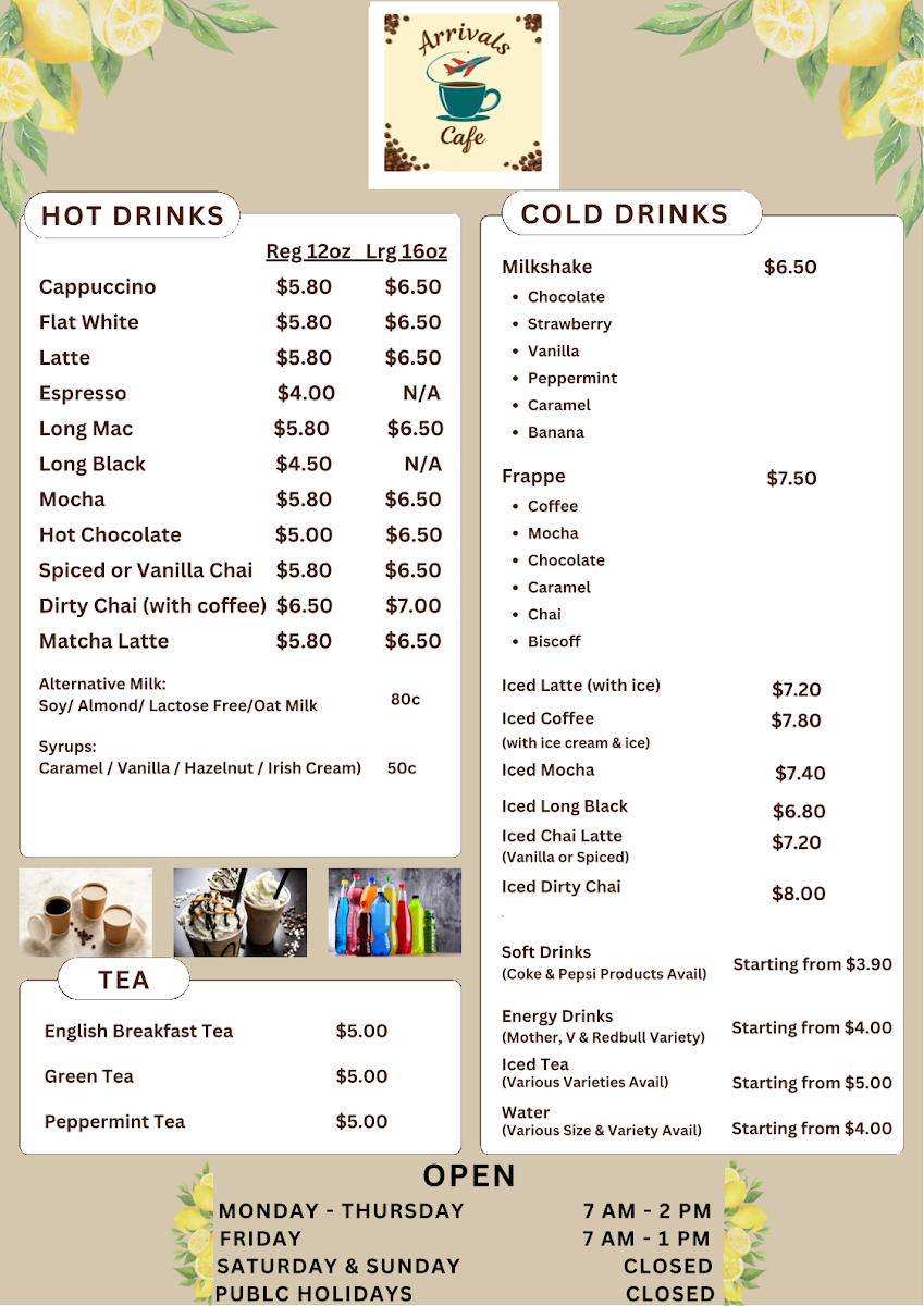 Menu, Arrivals Cafe