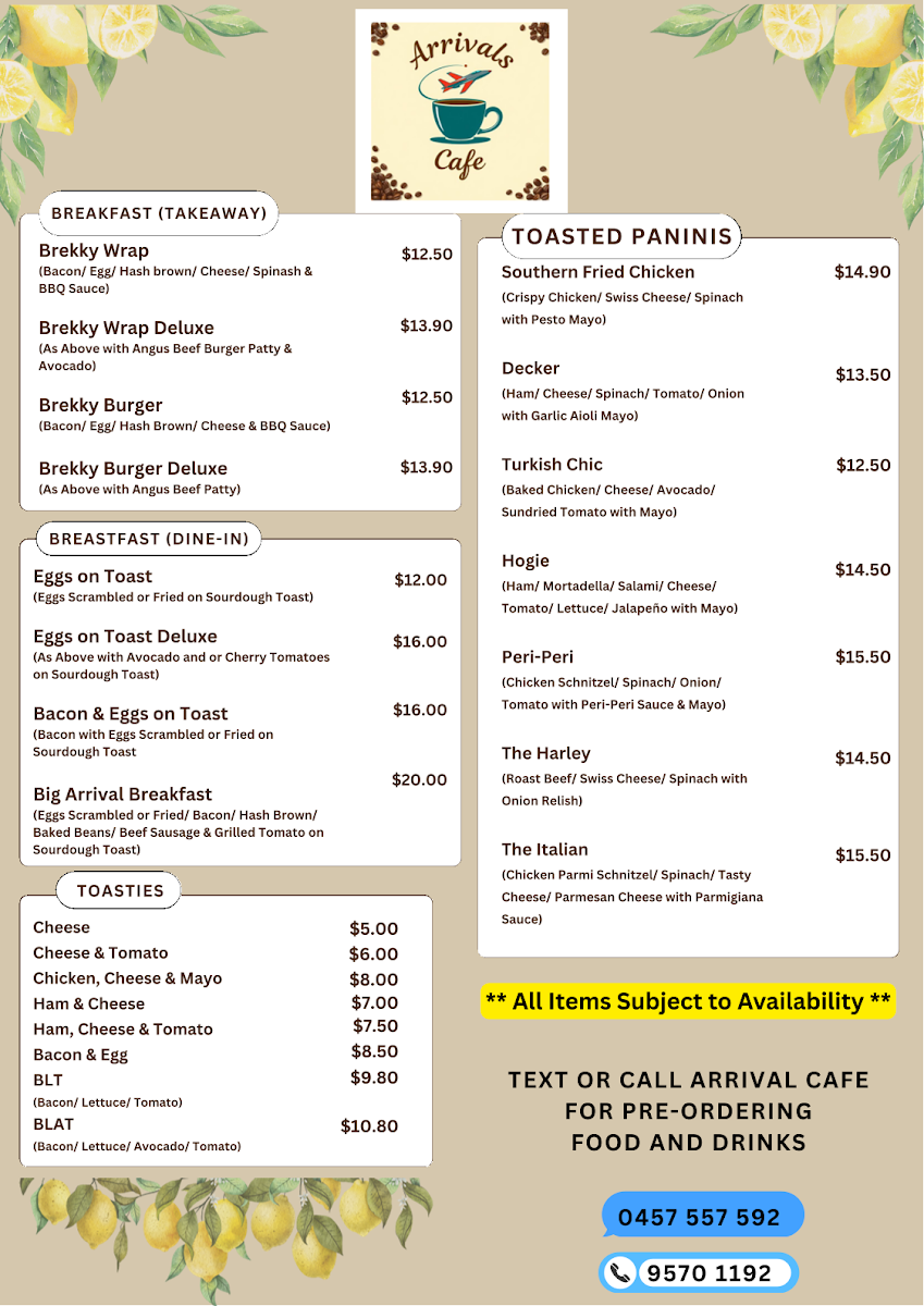 Menu, Arrivals Cafe