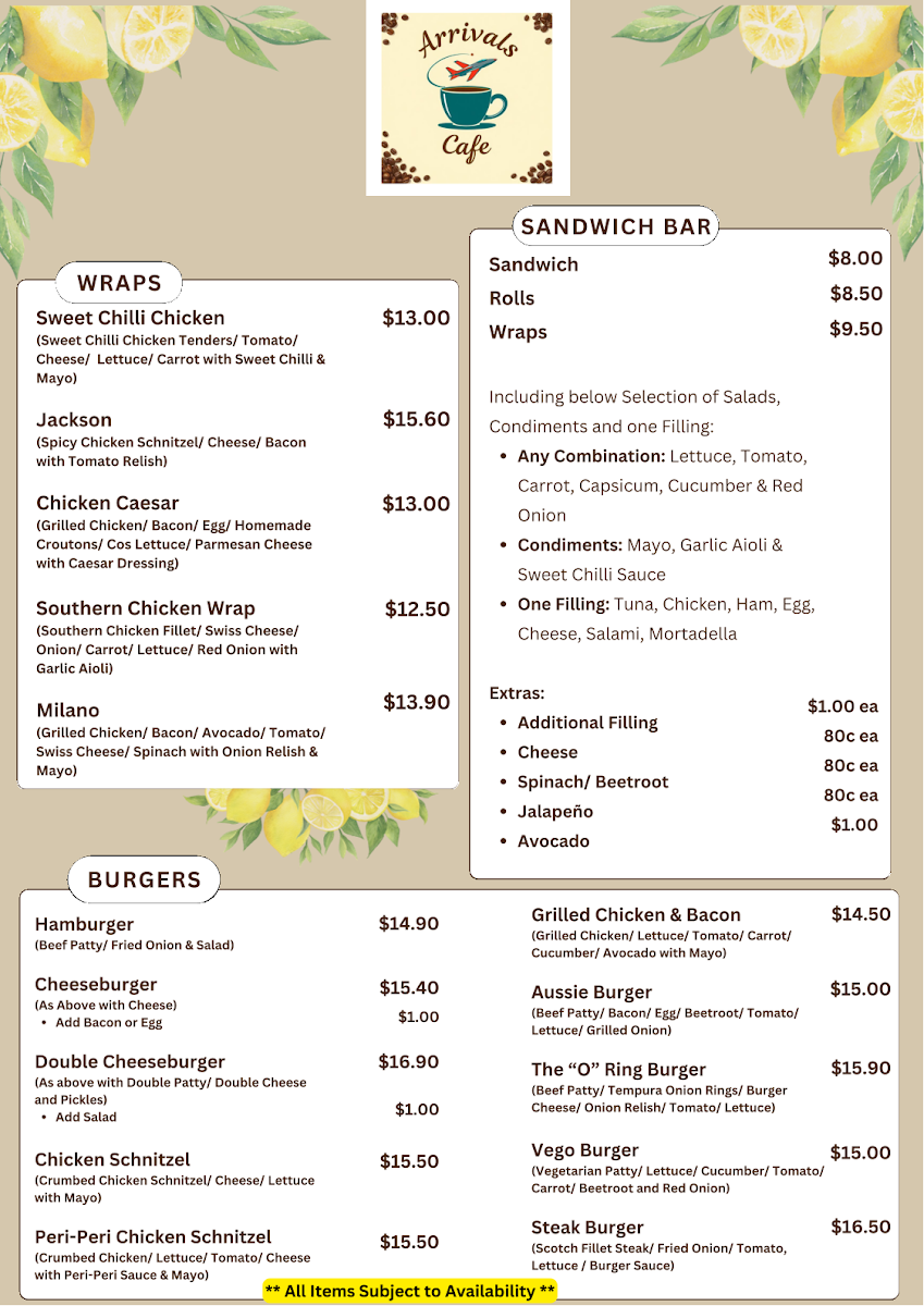 Menu, Arrivals Cafe