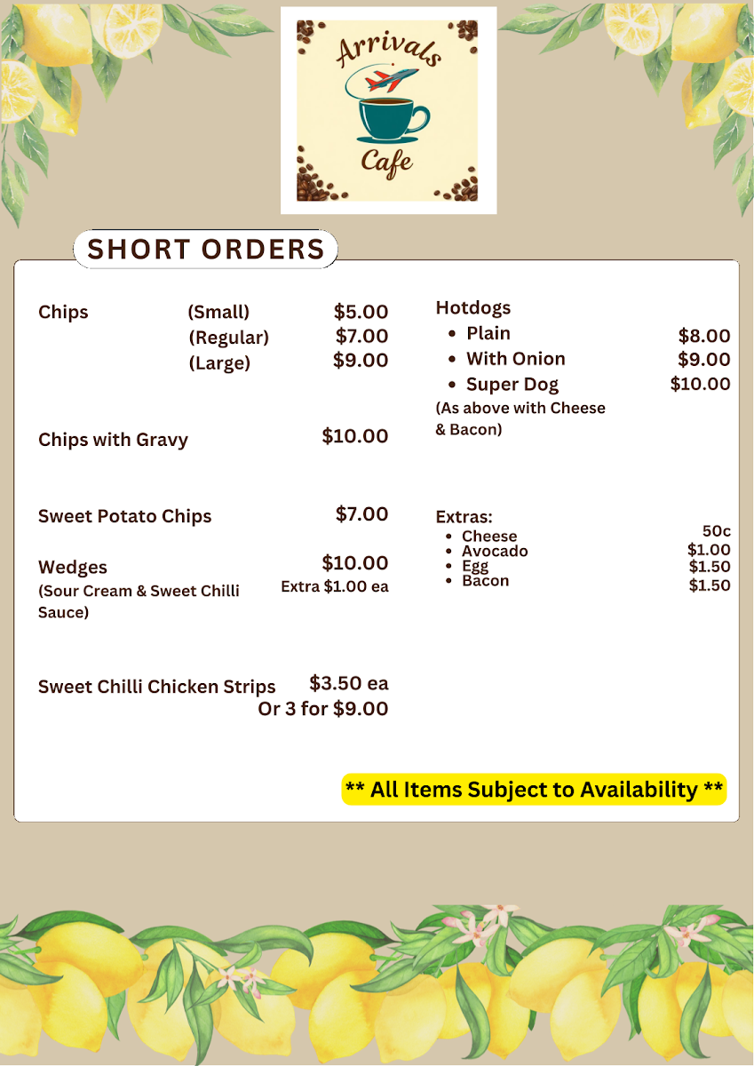 Menu, Arrivals Cafe