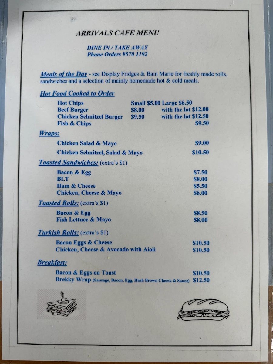 Menu, Arrivals Cafe