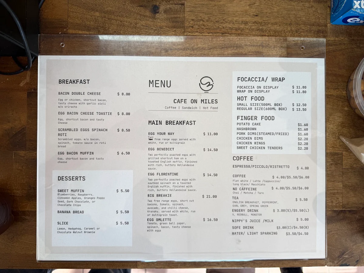 Menu, Cafe On Miles