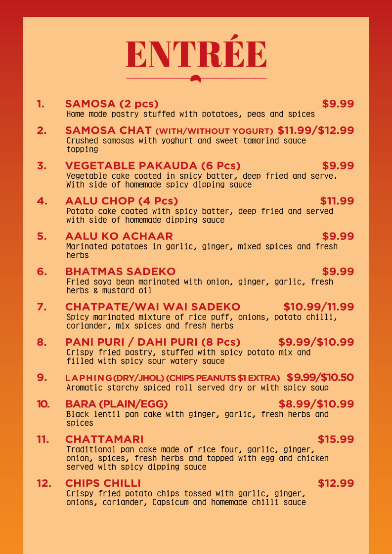 Menu, Subhakamana Restaurant Rockdale