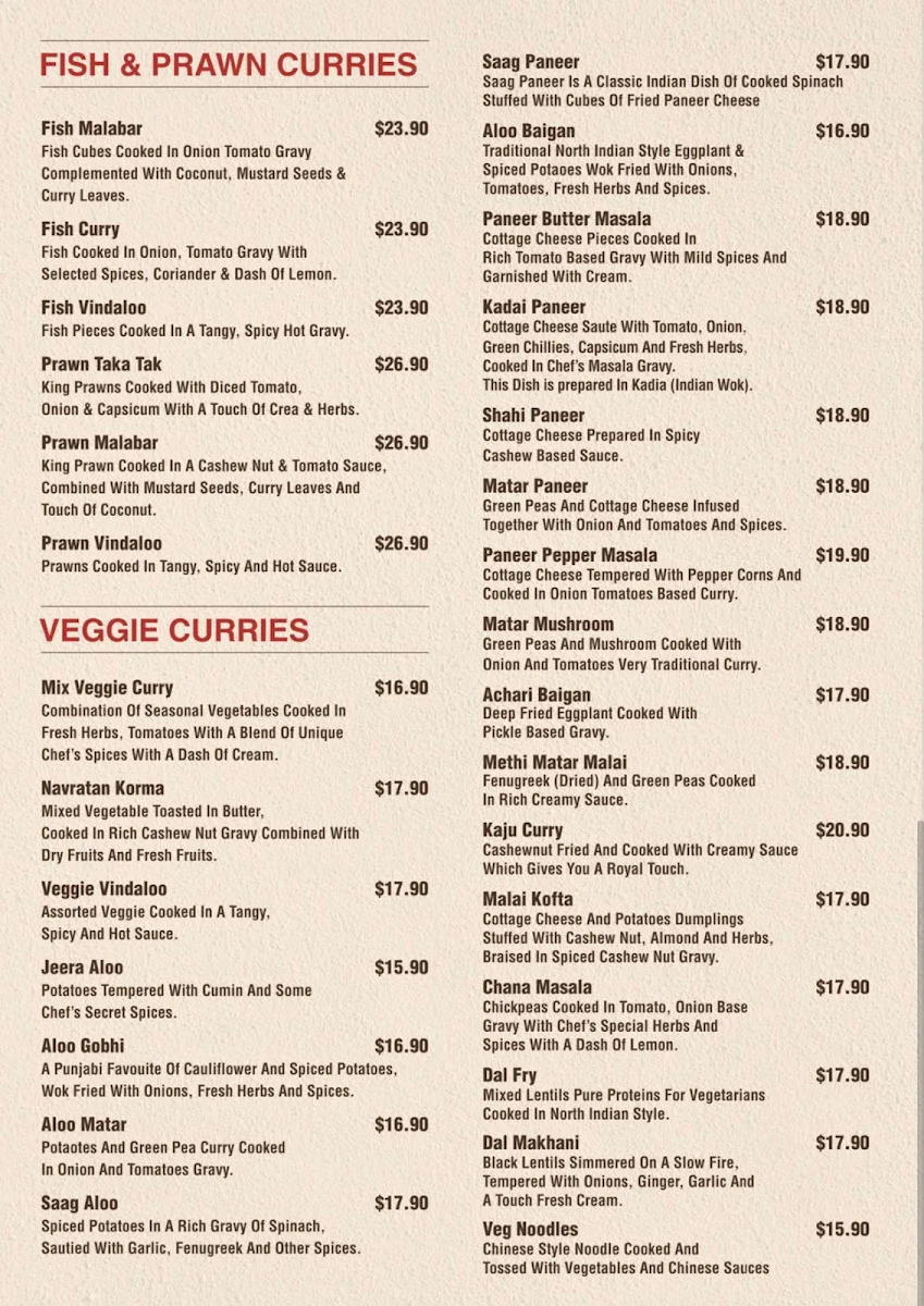 Menu, Curry Lover Indian Restaurant