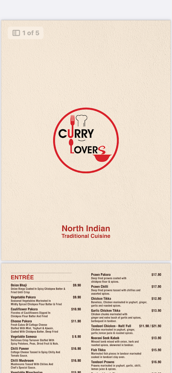Menu, Curry Lover Indian Restaurant