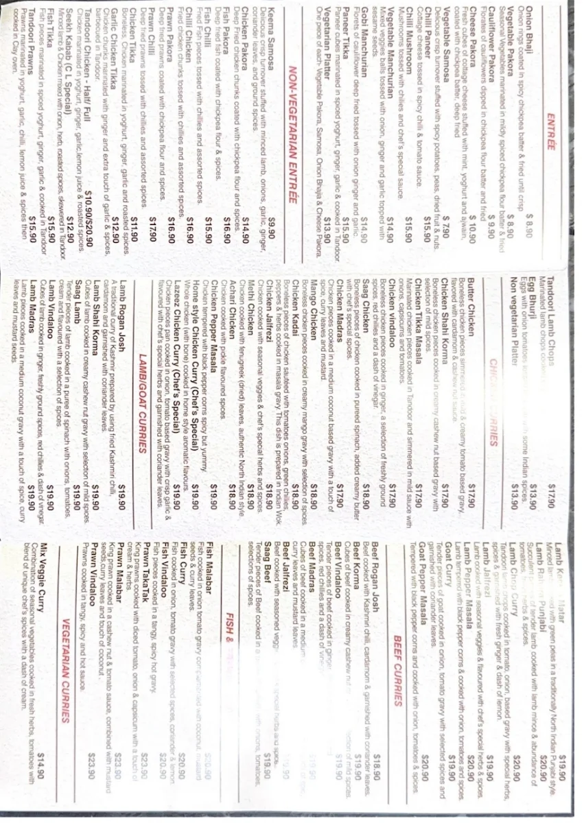 Menu, Curry Lover Indian Restaurant
