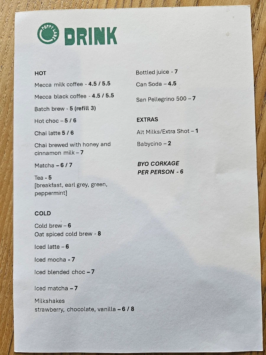 Menu, Poppy Lane