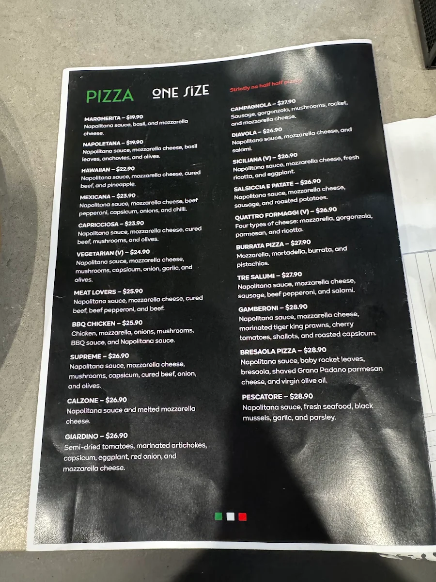 Menu, The Italian Spot